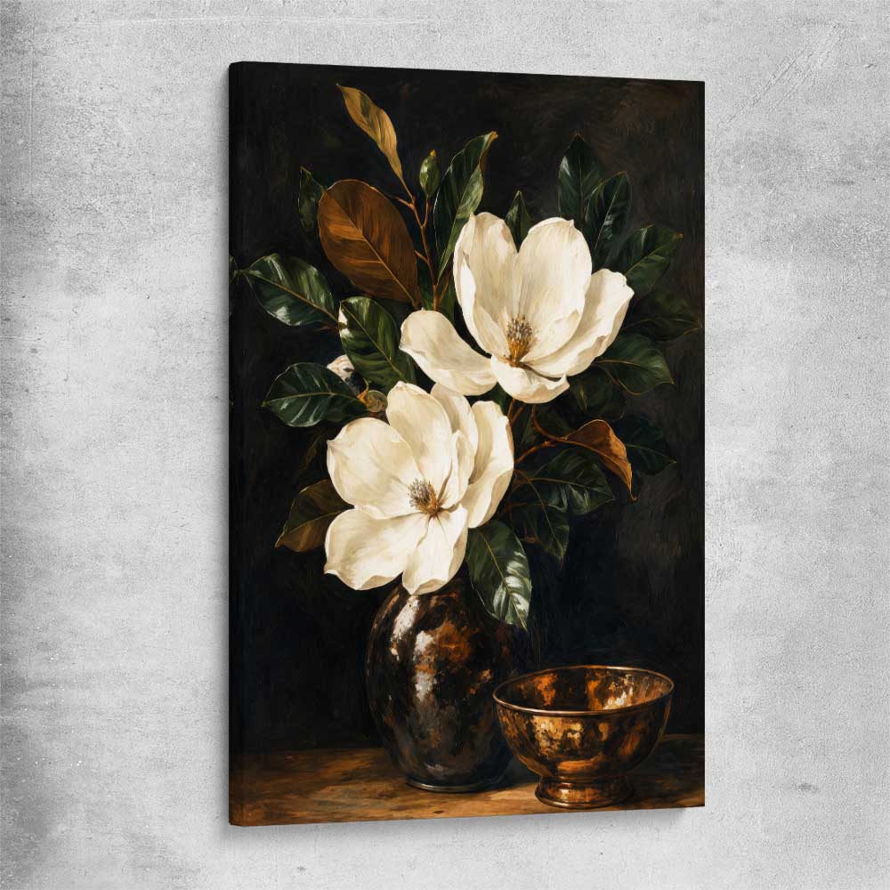 Floral print of Midnight Magnolia on a stretched canvas