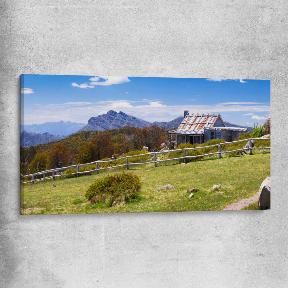 Floral print of Victorian Alps Craigs Hut on a stretched canvas