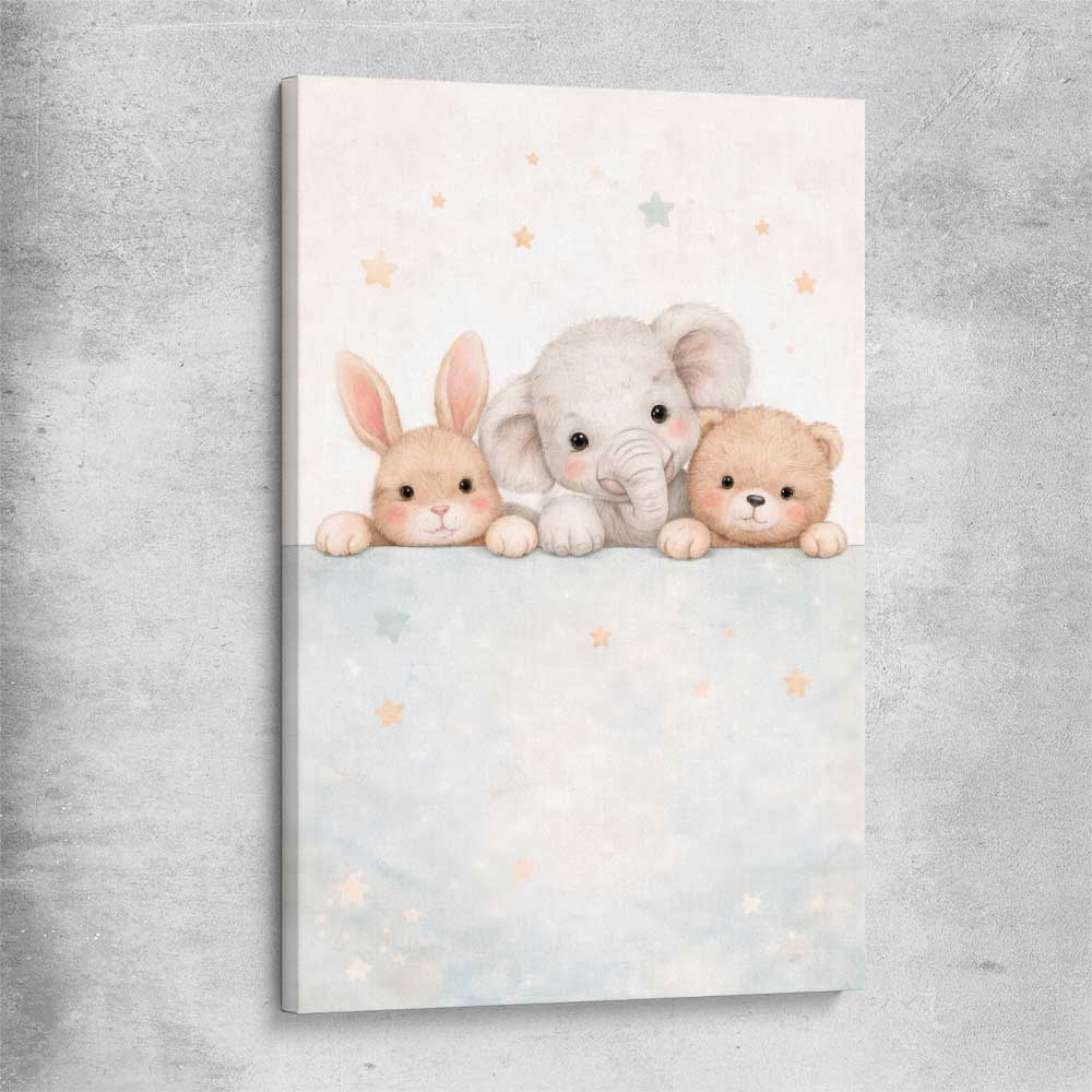 Baby Animal Trio stretched canvas is a nursery canvas wall art and print suited for childrens nursery area