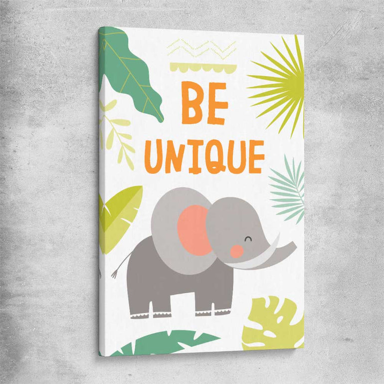 Be Unique stretched canvas is a nursery canvas wall art and print suited for childrens nursery area