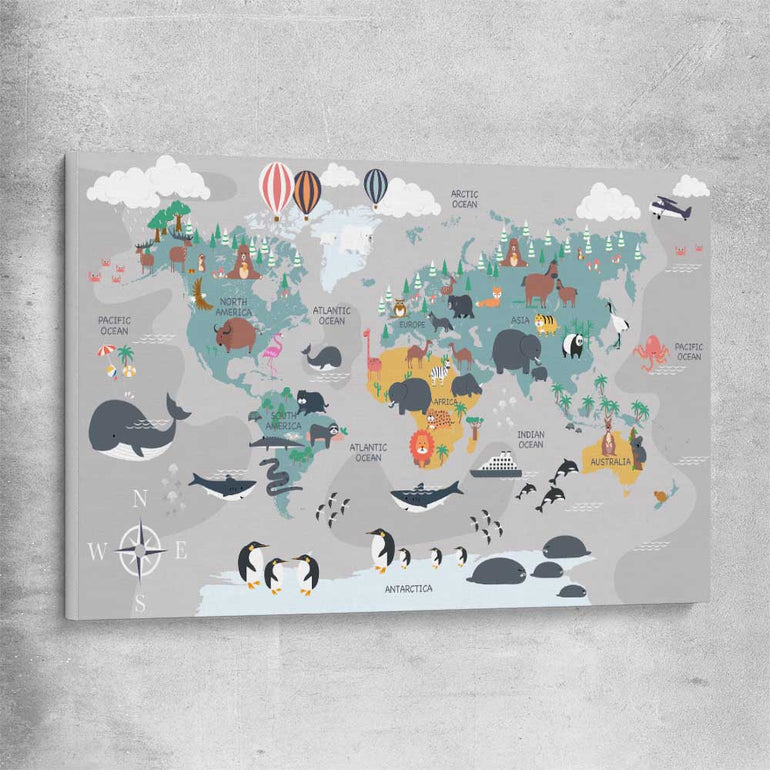 Cartoon World Map stretched canvas is a nursery canvas wall art and print suited for childrens nursery area