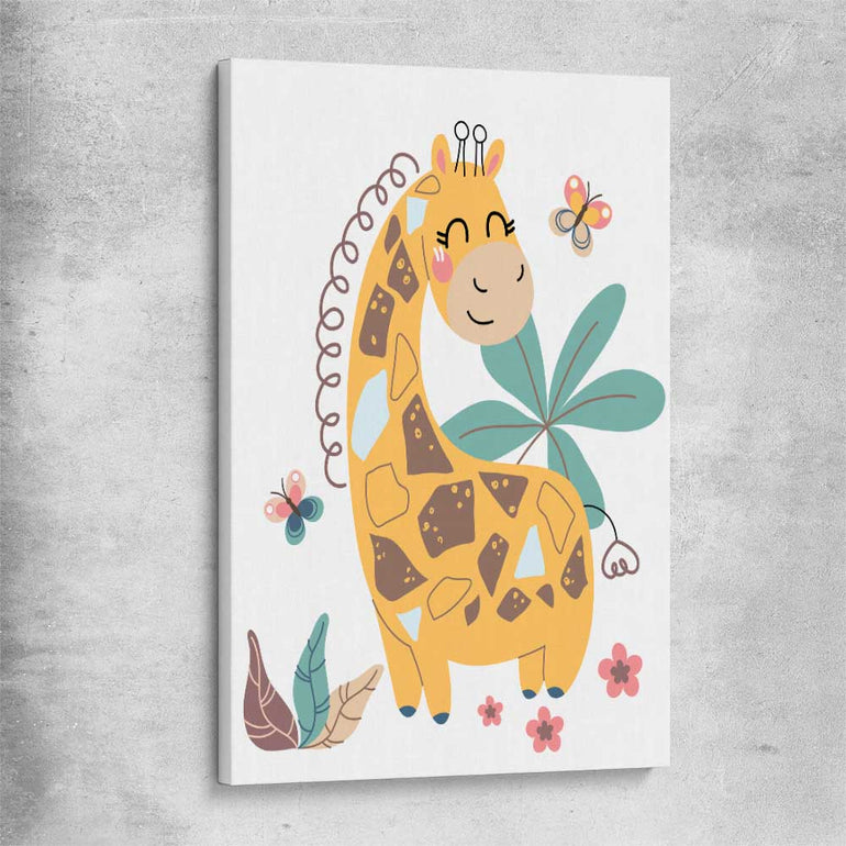 Cheerful Giraffe stretched canvas is a nursery canvas wall art and print suited for childrens nursery area