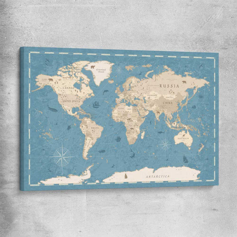 Education Map Blue stretched canvas is a nursery canvas wall art and print suited for childrens nursery area