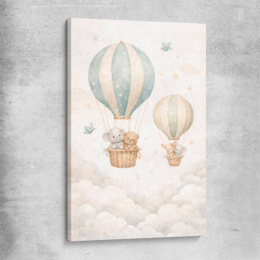 Floating Dreams stretched canvas is a nursery canvas wall art and print suited for childrens nursery area