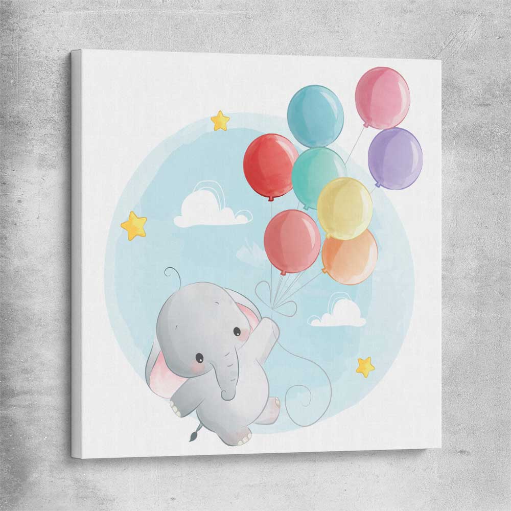 Flying Baby Elephant stretched canvas is a nursery canvas wall art and print suited for childrens nursery area