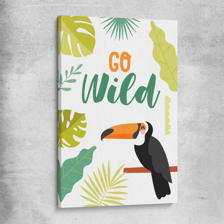 Go Wild stretched canvas is a nursery canvas wall art and print suited for childrens nursery area