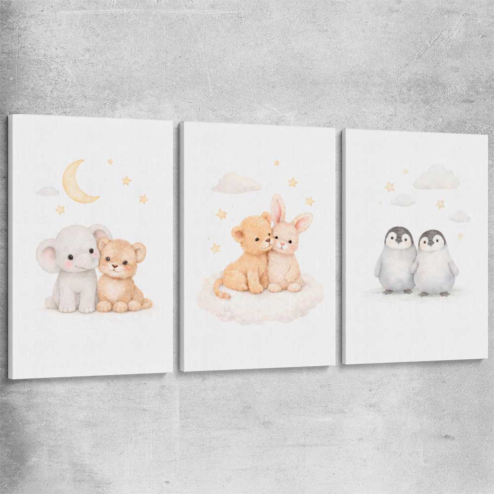 Moonlight Companions Set stretched canvas is a nursery canvas wall art and print suited for childrens nursery area