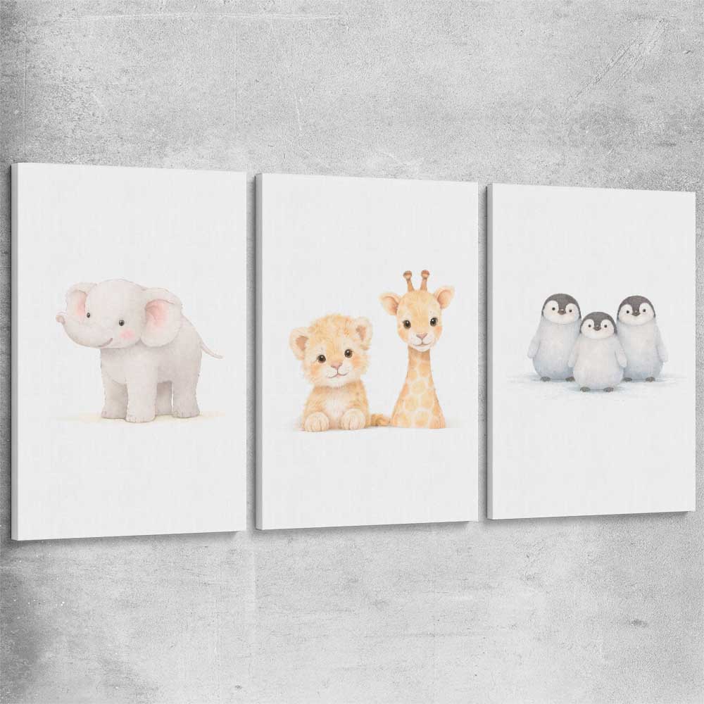 Little Animals Set stretched canvas is a nursery canvas wall art and print suited for childrens nursery area