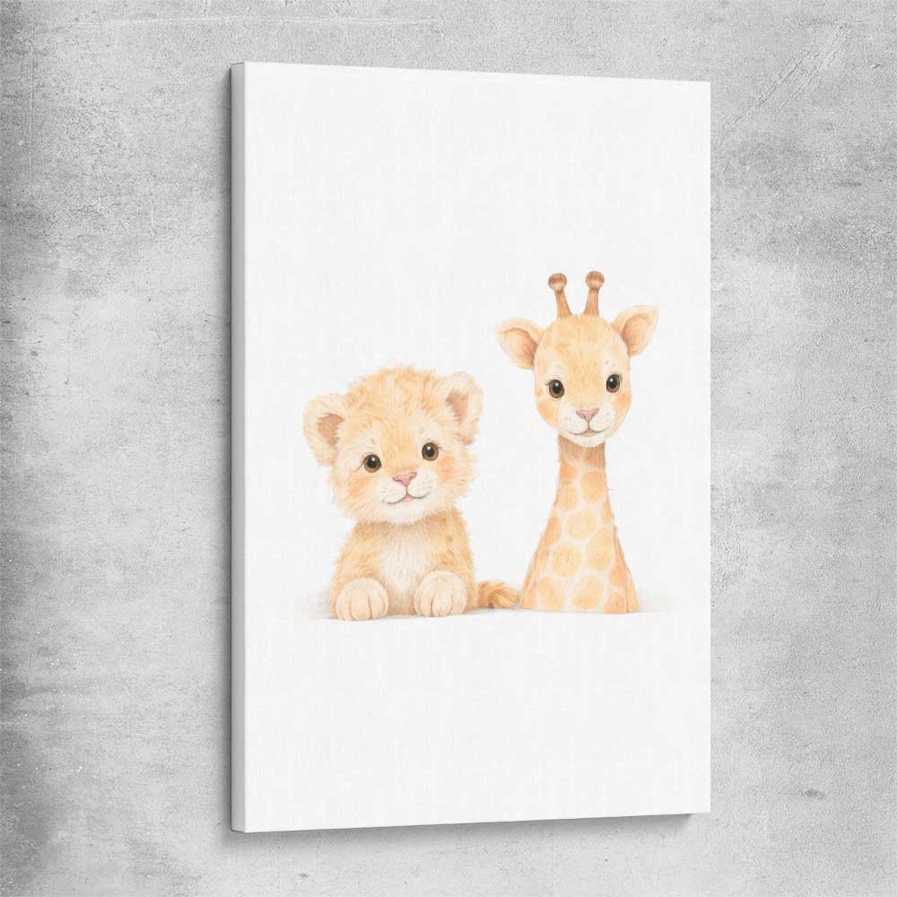 Little Safari Friends stretched canvas is a nursery canvas wall art and print suited for childrens nursery area