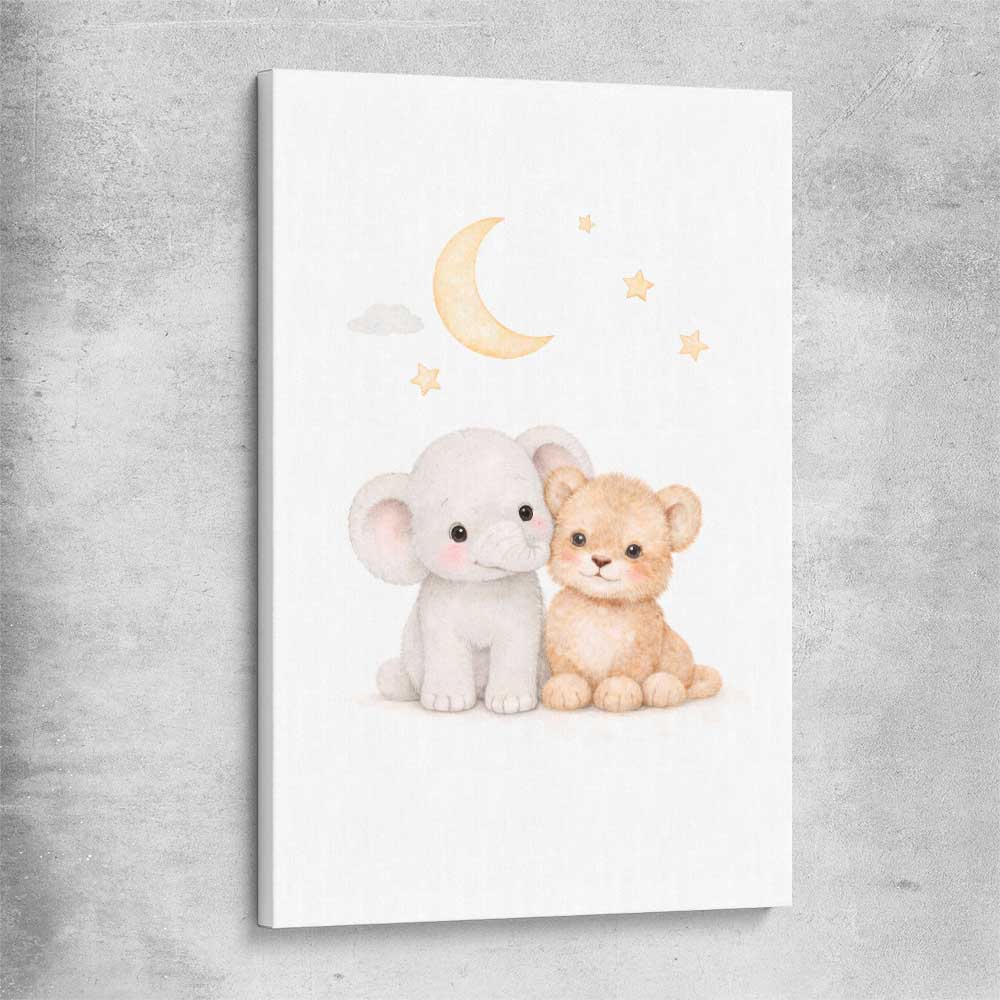 Moonlight Companions stretched canvas is a nursery canvas wall art and print suited for childrens nursery area
