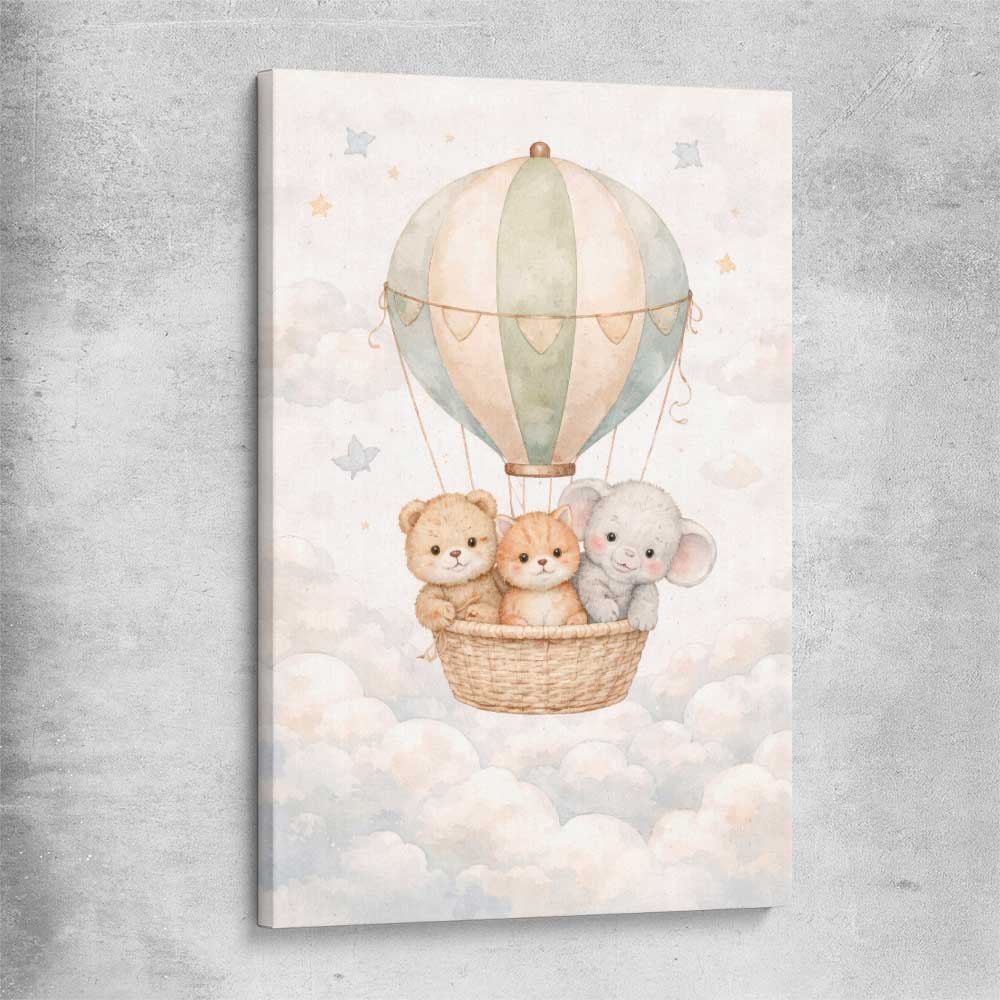 Soaring Animal Trio stretched canvas is a nursery canvas wall art and print suited for childrens nursery area