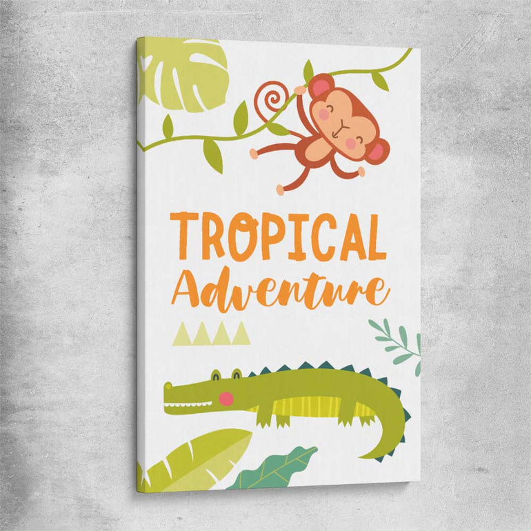 Tropical Adventure stretched canvas is a nursery canvas wall art and print suited for childrens nursery area
