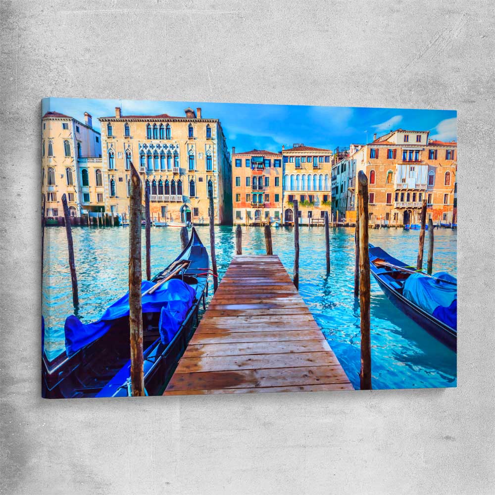 Blue Gondolas Venice stretched canvas is a high quality print in our city skyline, travel prints and maps collection