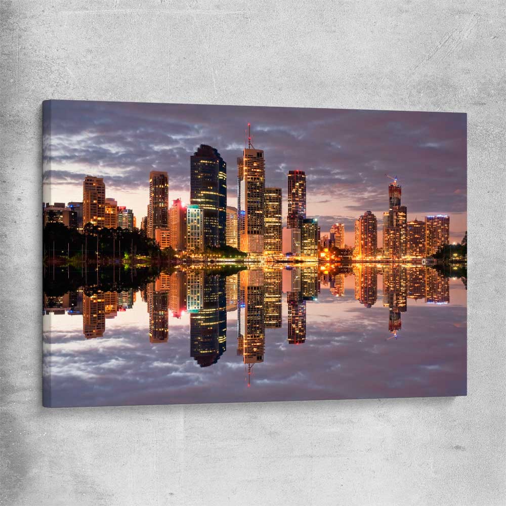 Brisbane City Reflections stretched canvas is a high quality print in our city skyline, travel prints and maps collection