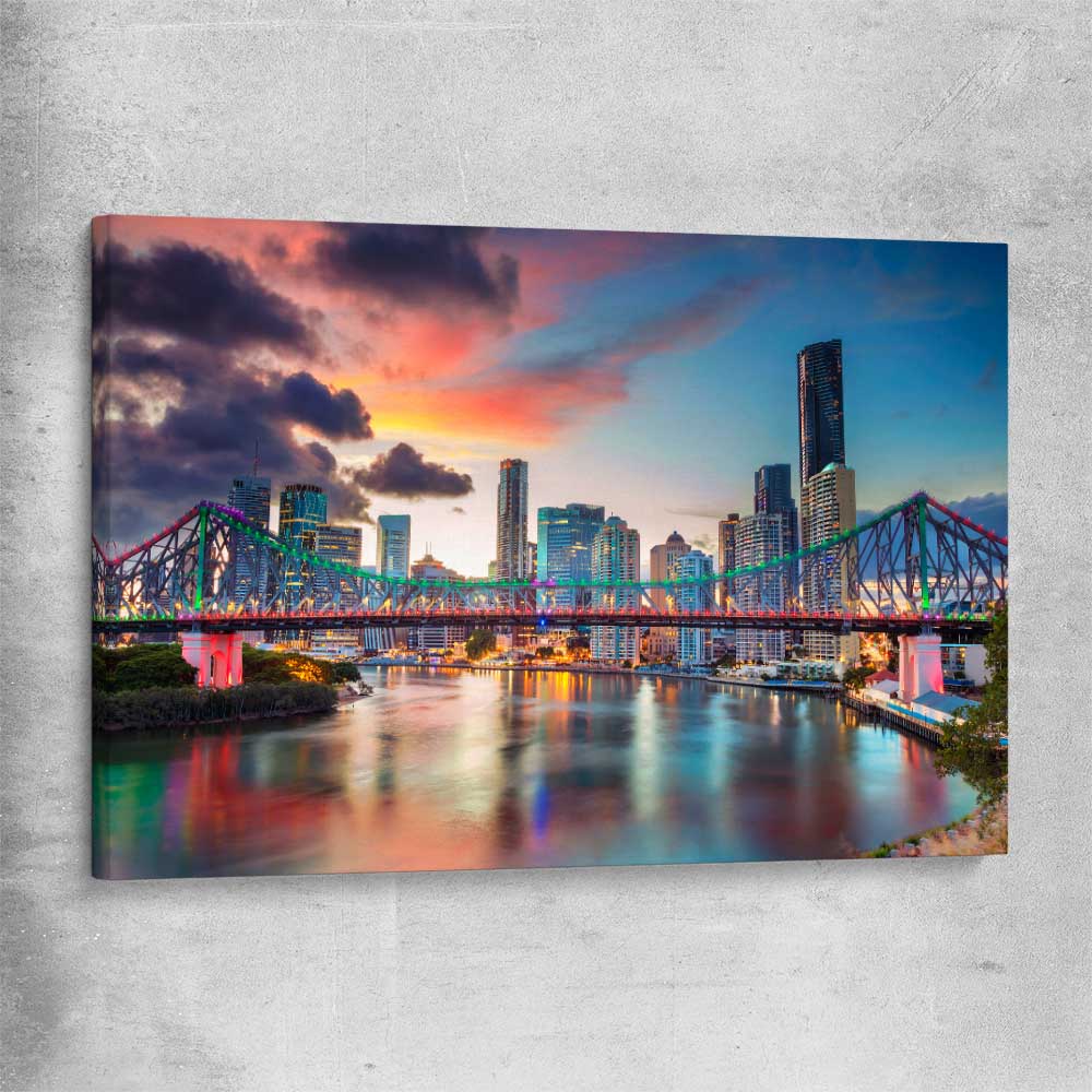 Brisbane Evening Sunset stretched canvas is a high quality print in our city skyline, travel prints and maps collection