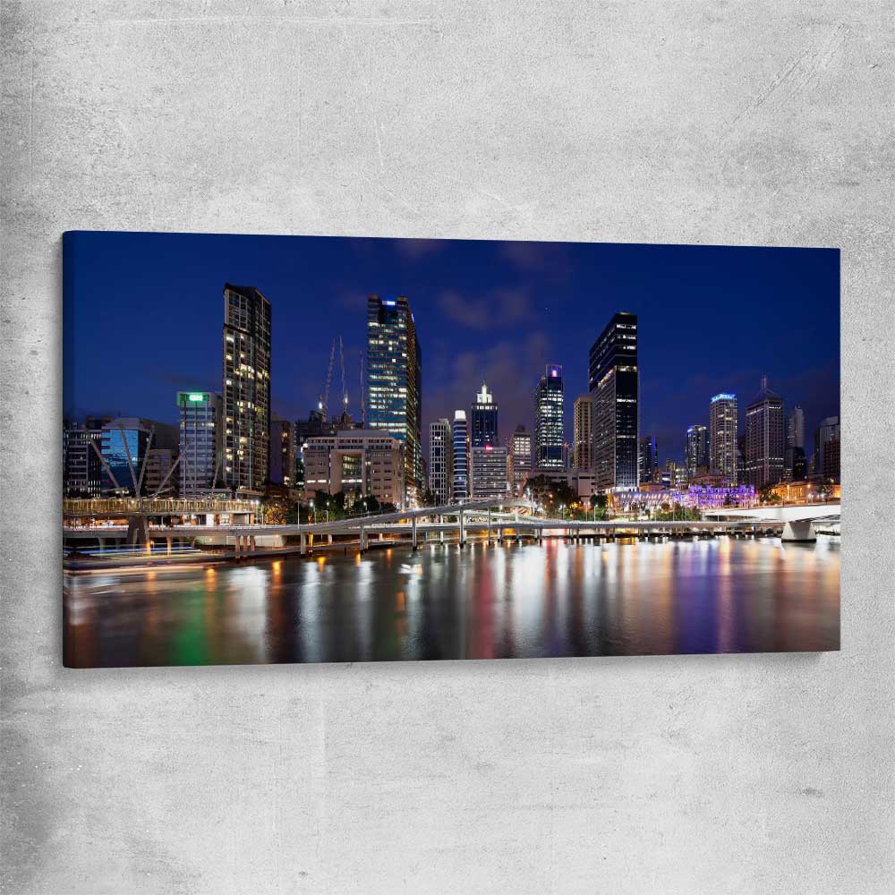 Brisbane Southbank Glow stretched canvas is a high quality print in our city skyline, travel prints and maps collection