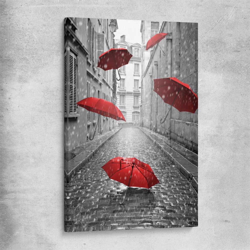 Flying Red Umbrellas stretched canvas is a high quality print in our city skyline, travel prints and maps collection