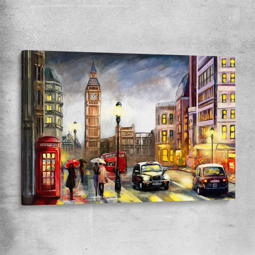 London Night Rain stretched canvas is a high quality print in our city skyline, travel prints and maps collection