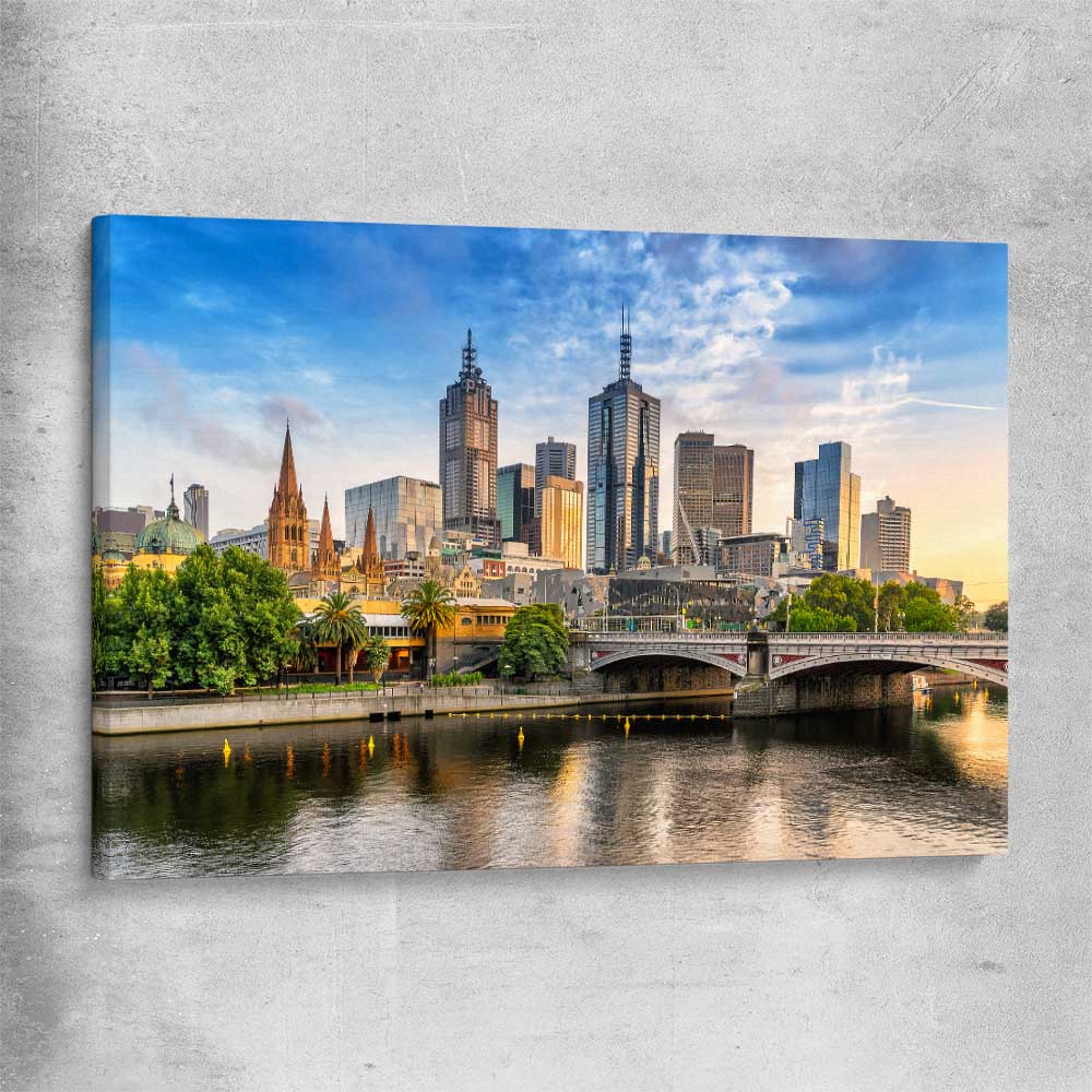 Melbourne Golden Skyline stretched canvas is a high quality print in our city skyline, travel prints and maps collection