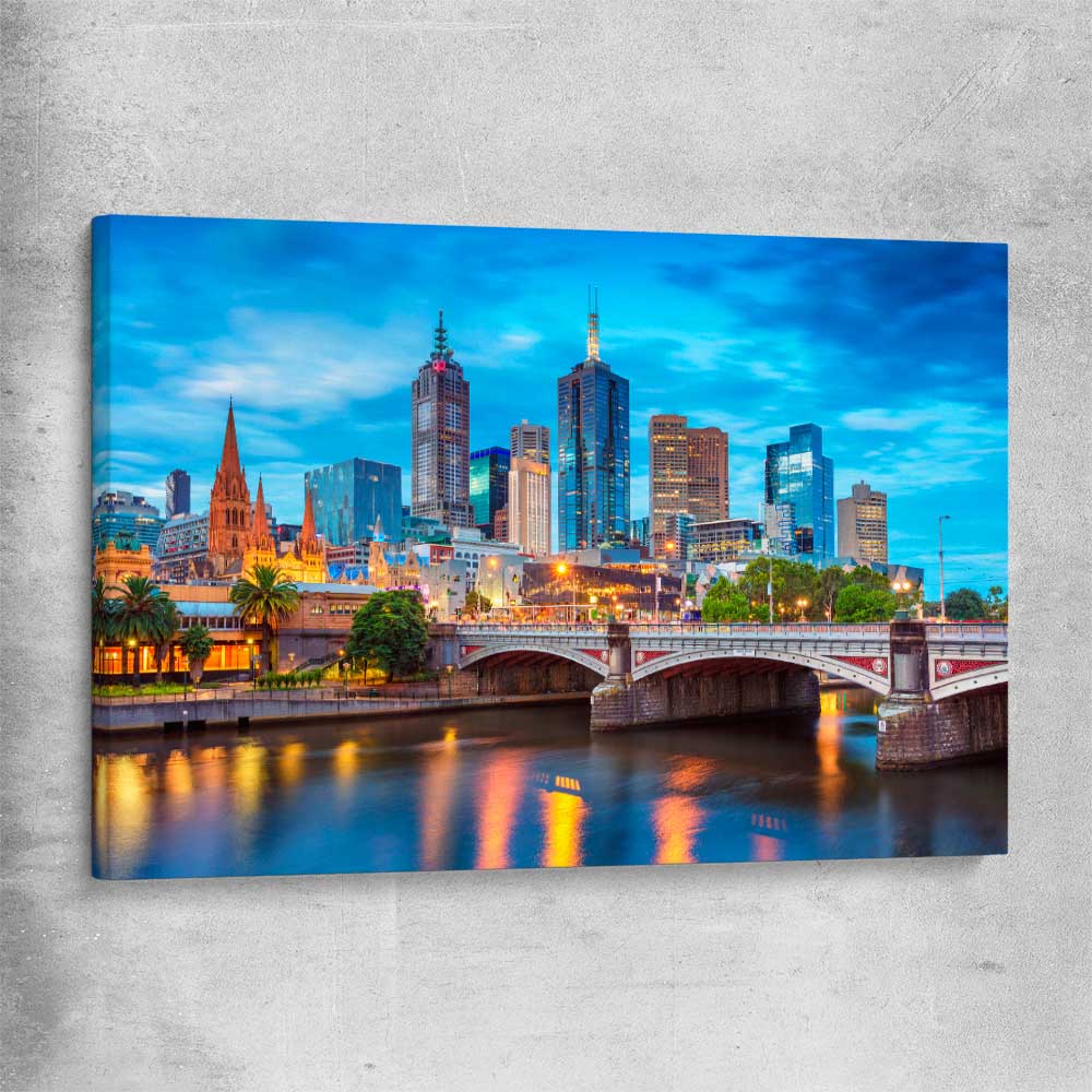 Melbourne Twilight Skyline stretched canvas is a high quality print in our city skyline, travel prints and maps collection