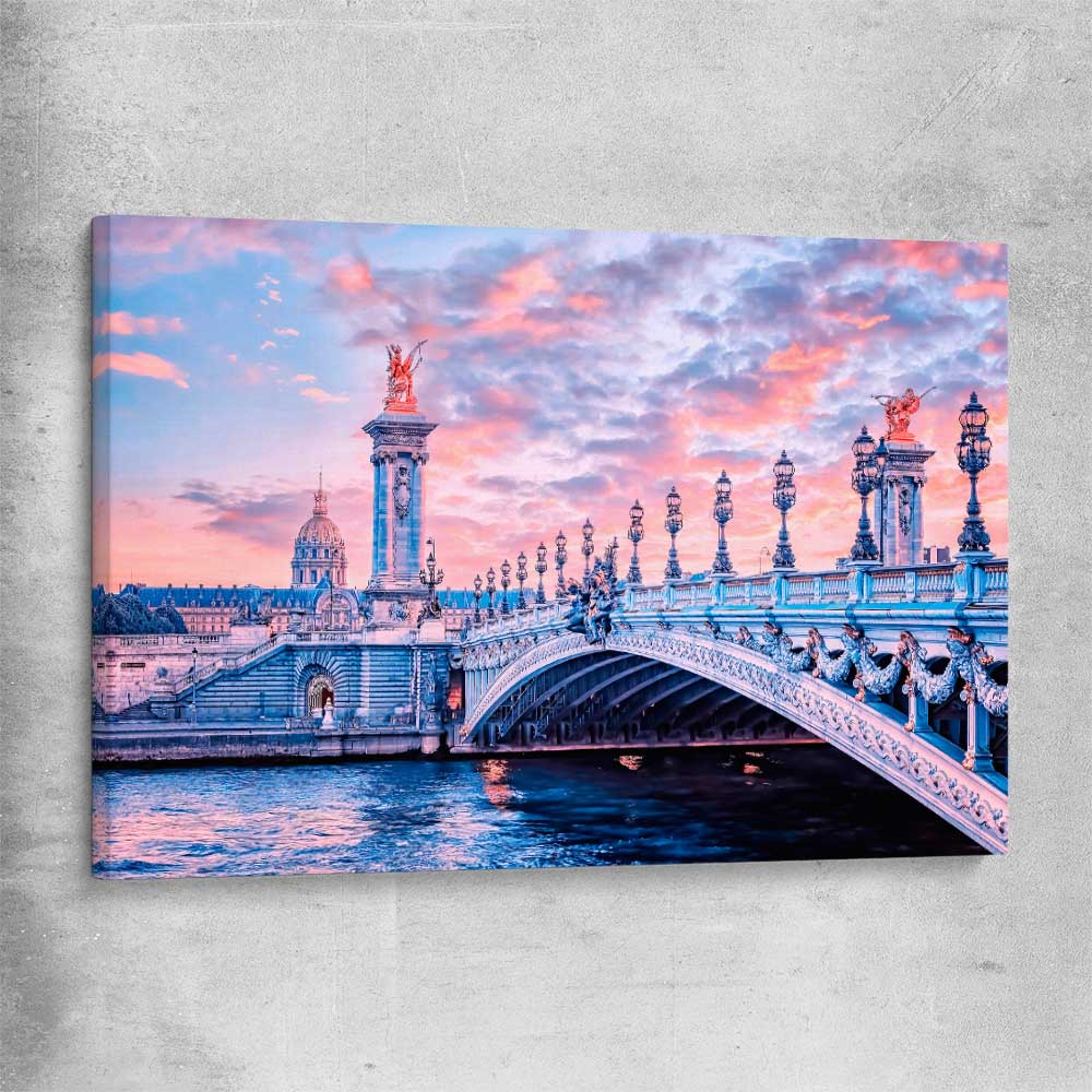 Paris Bridge Sunset stretched canvas is a high quality print in our city skyline, travel prints and maps collection