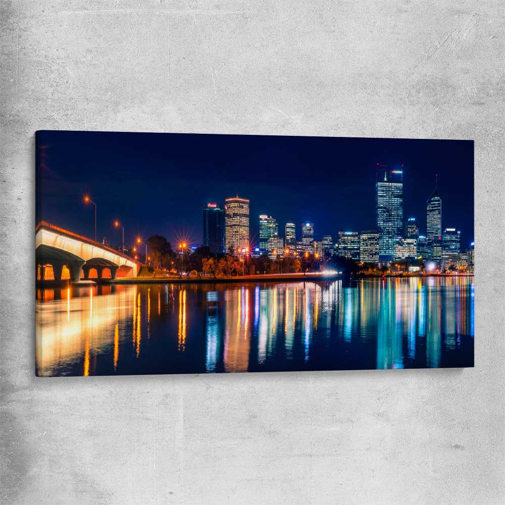 Perth Skyline Glow stretched canvas is a high quality print in our city skyline, travel prints and maps collection