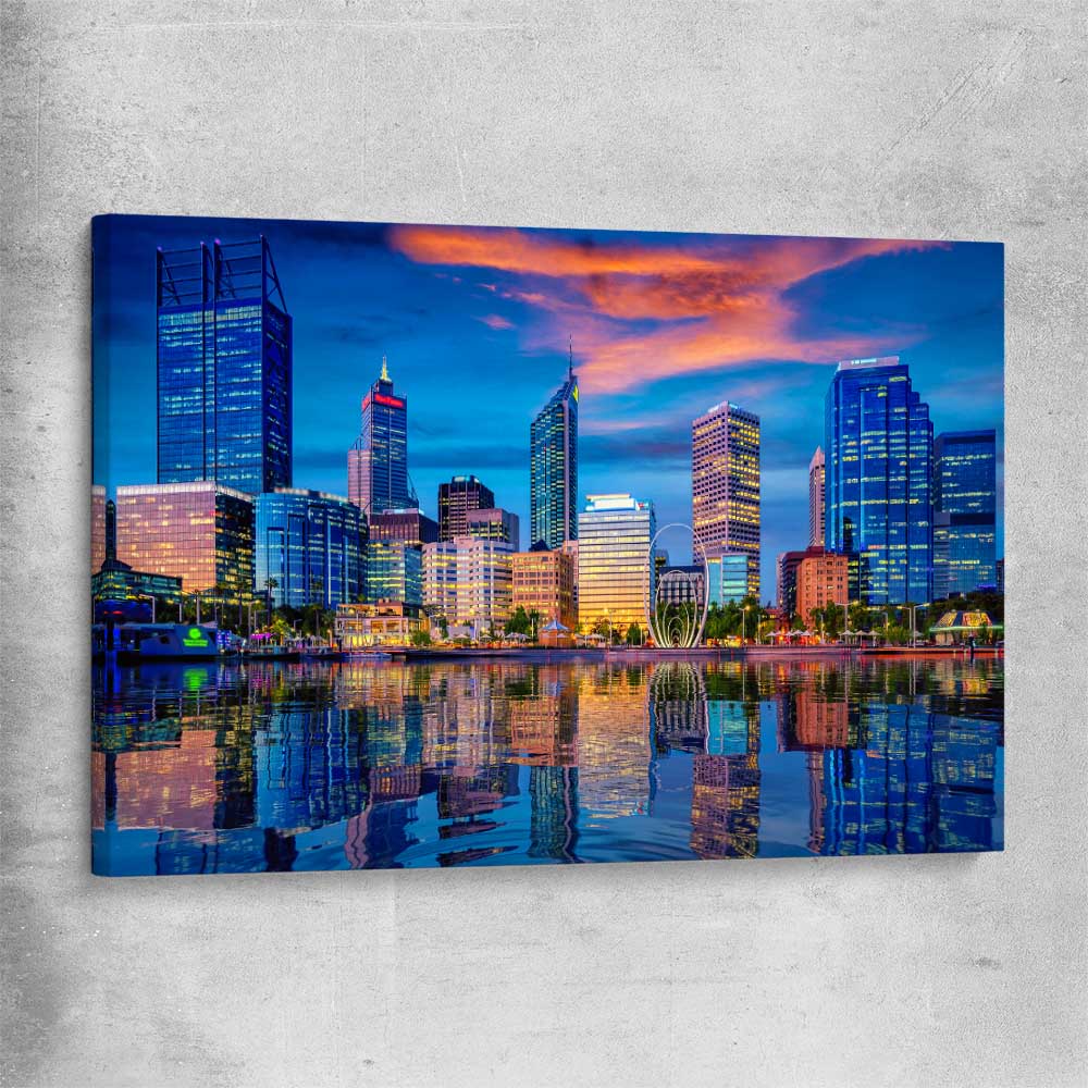 Perth Skyline Sunset stretched canvas is a high quality print in our city skyline, travel prints and maps collection