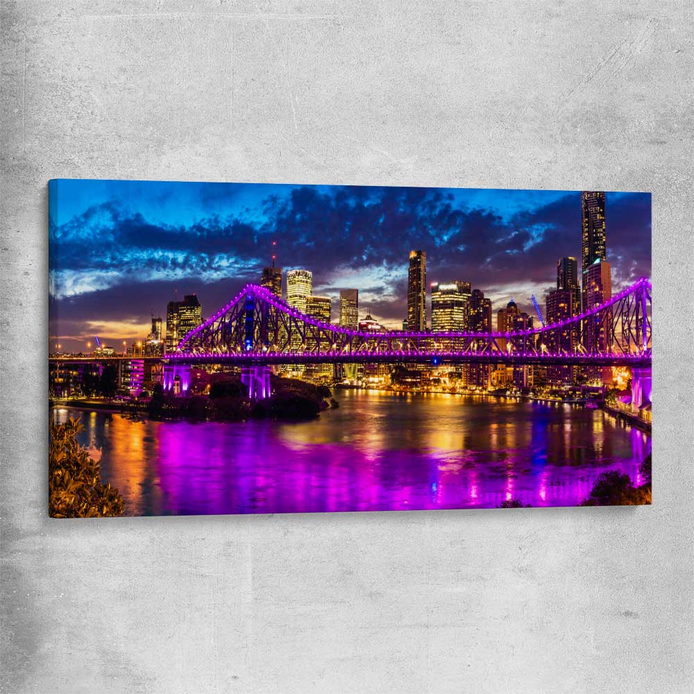 Story Bridge Glow stretched canvas is a high quality print in our city skyline, travel prints and maps collection