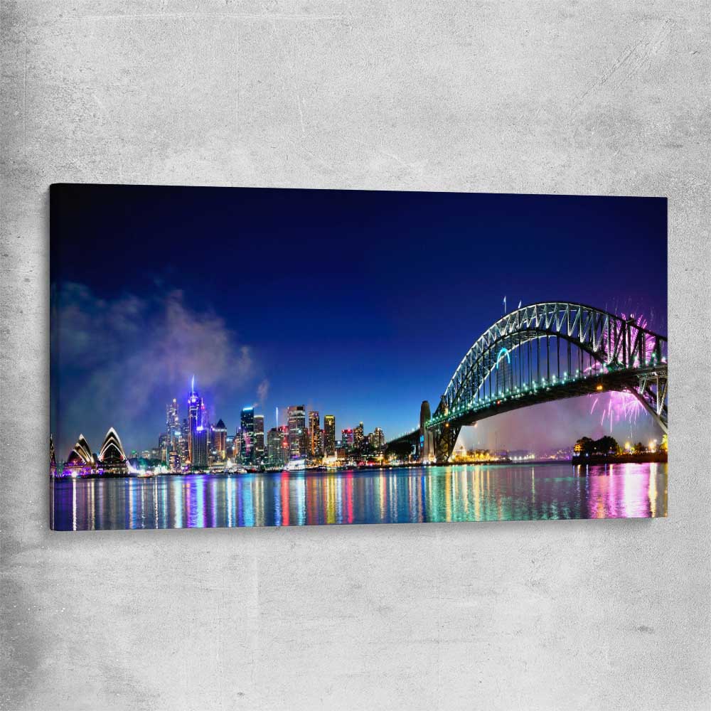 Sydney Harbour Lights stretched canvas is a high quality print in our city skyline, travel prints and maps collection