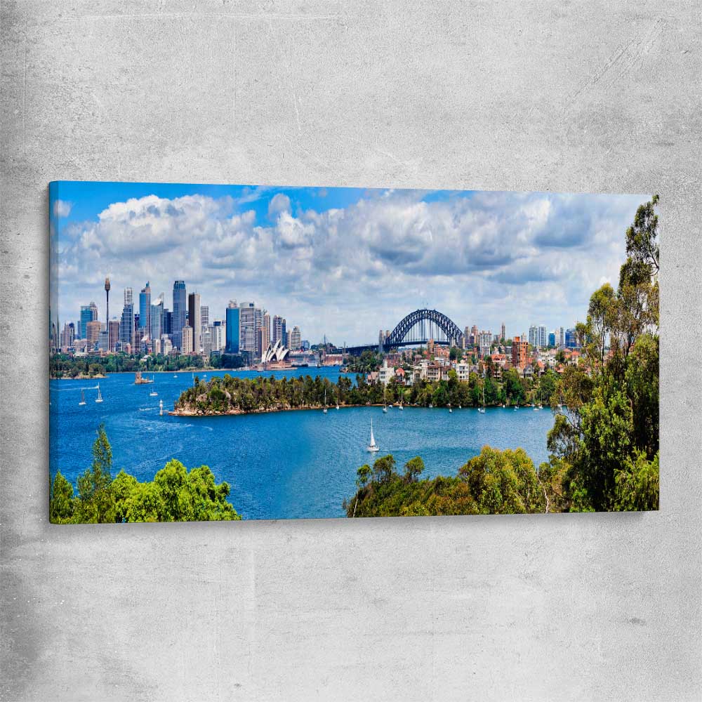 Sydney Harbour Panorama stretched canvas is a high quality print in our city skyline, travel prints and maps collection