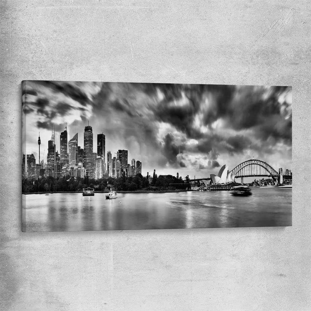 Sydney Skyline Noir stretched canvas is a high quality print in our city skyline, travel prints and maps collection