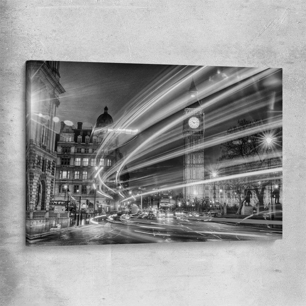 Urban London Lights stretched canvas is a high quality print in our city skyline, travel prints and maps collection