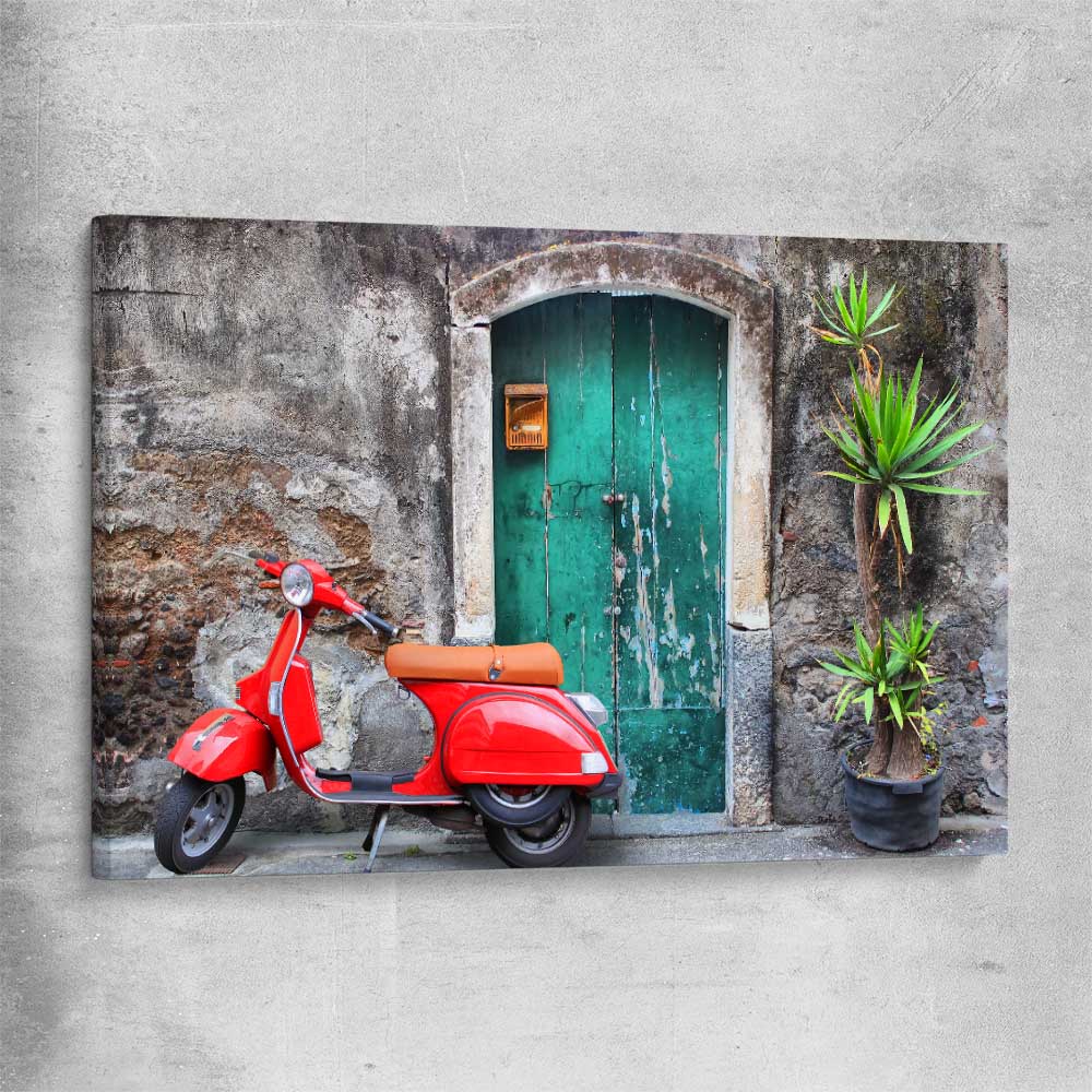 Vintage Red Scooter stretched canvas is a high quality print in our city skyline, travel prints and maps collection