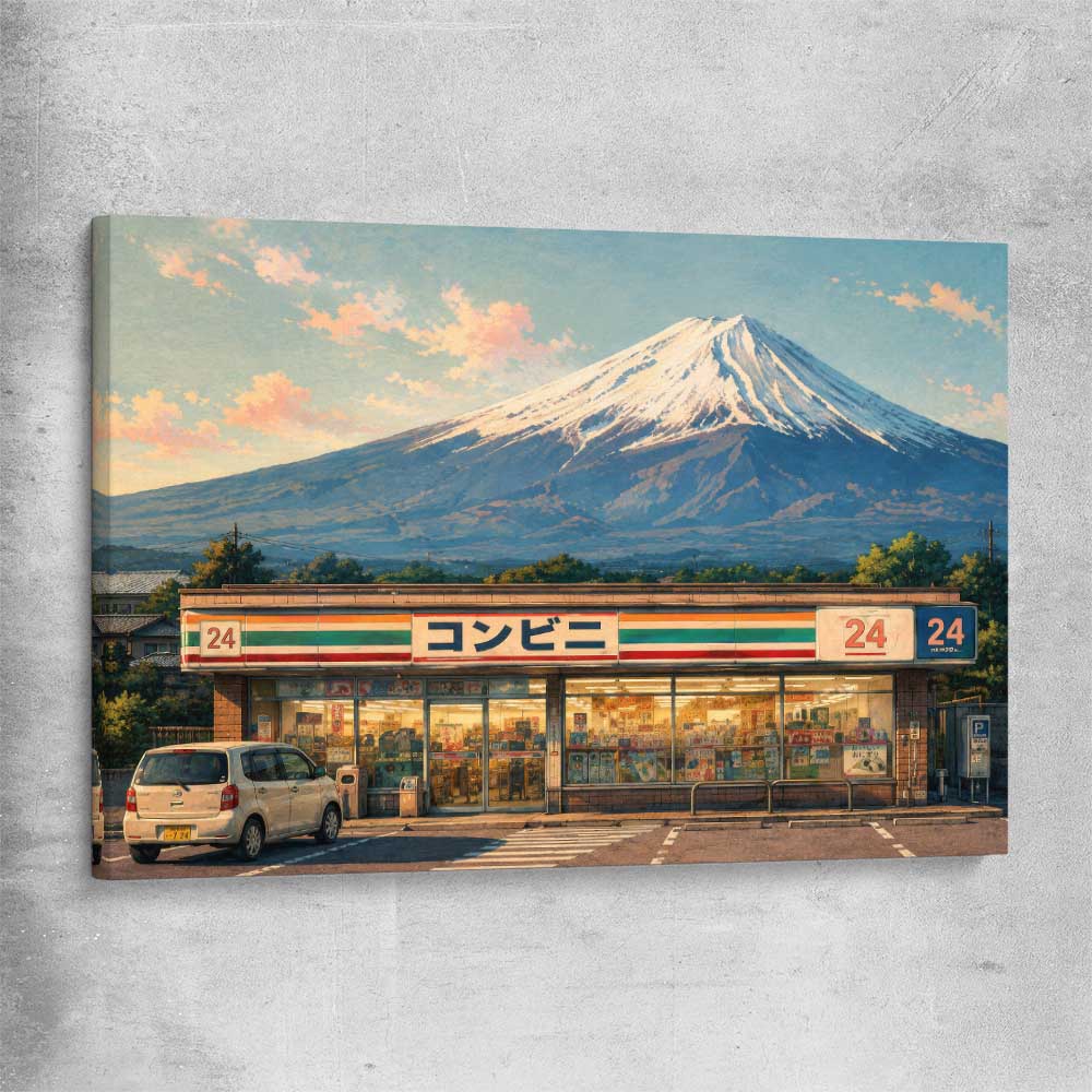 Fuji Konbini Nights stretched canvas is a high quality print in our city skyline, travel prints and maps collection