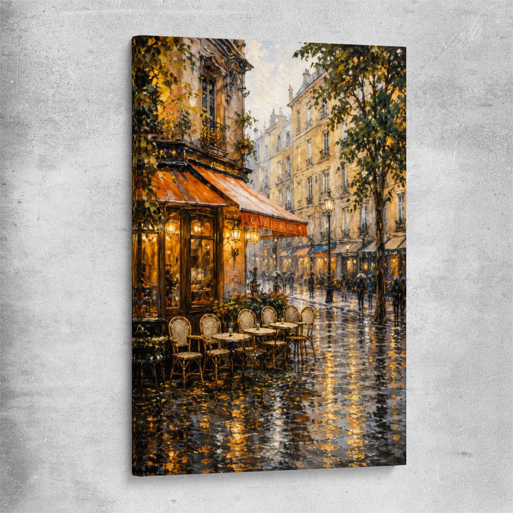 Rainy Paris Cafe stretched canvas is a high quality print in our city skyline, travel prints and maps collection
