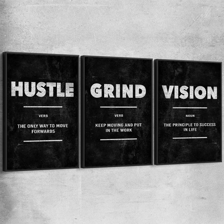 Inspirational wall art print of Hustle Definition Set with black framed canvas