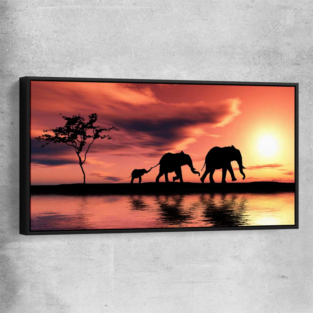 Animal wall art and canvas prints of Elephant Family Dawn with black framed canvas