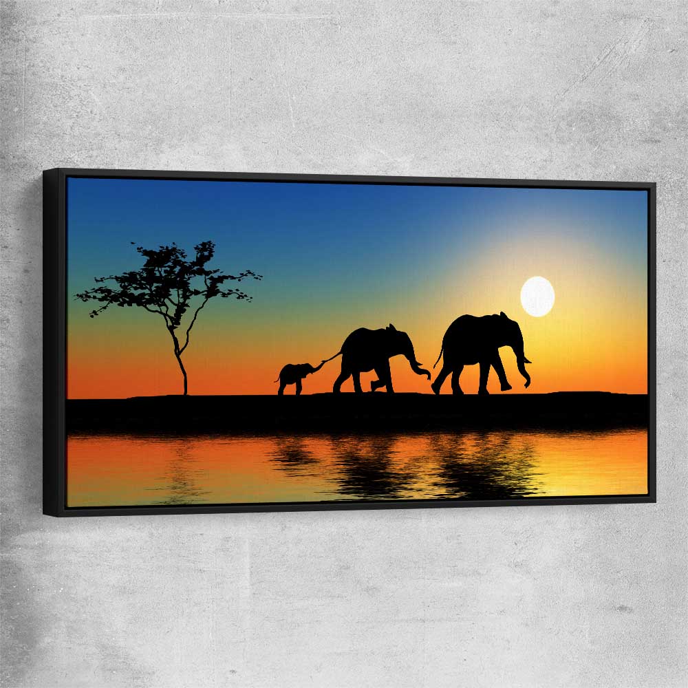 Animal wall art and canvas prints of Elephant Family with black framed canvas