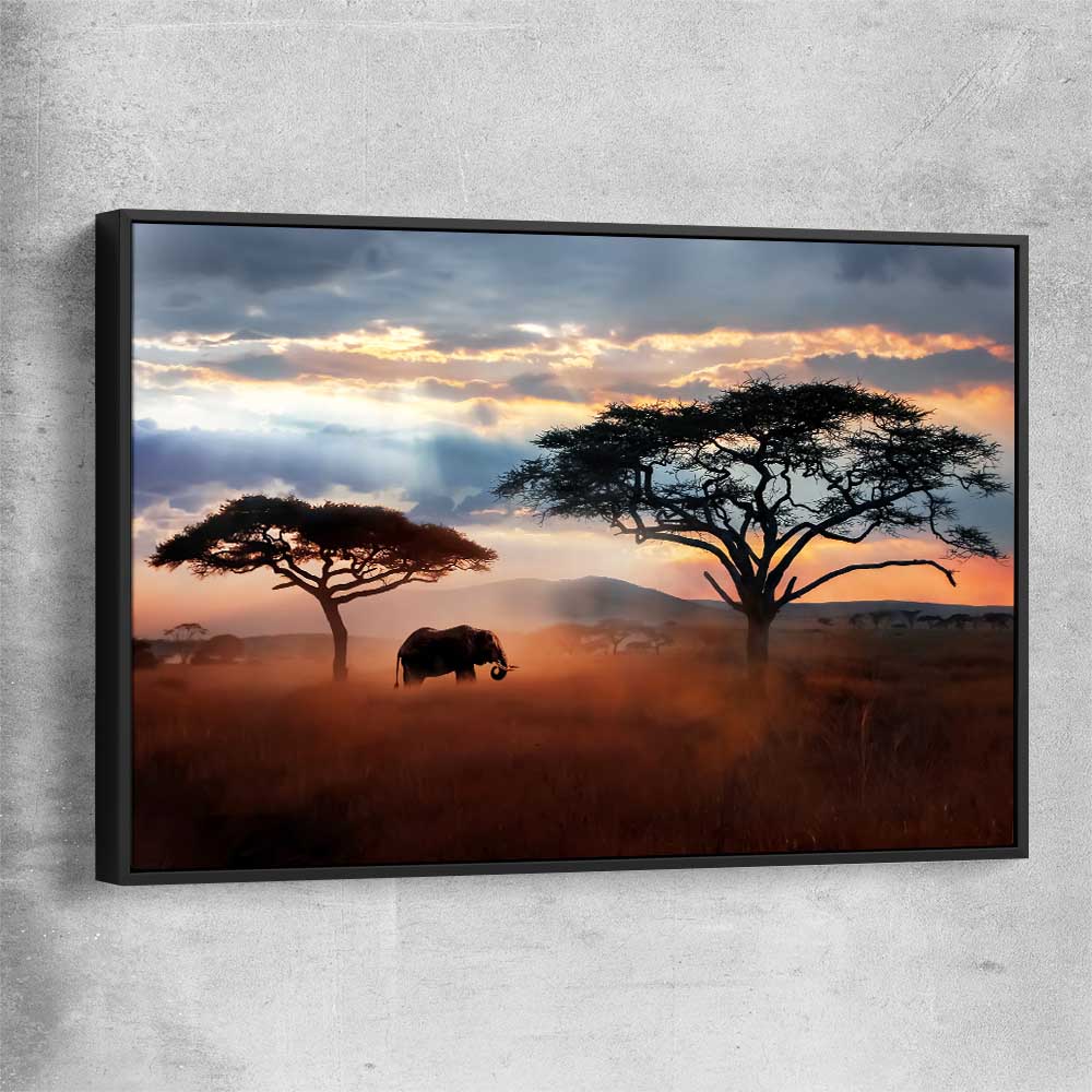 Animal wall art and canvas prints of Golden Savannah Journey with black framed canvas