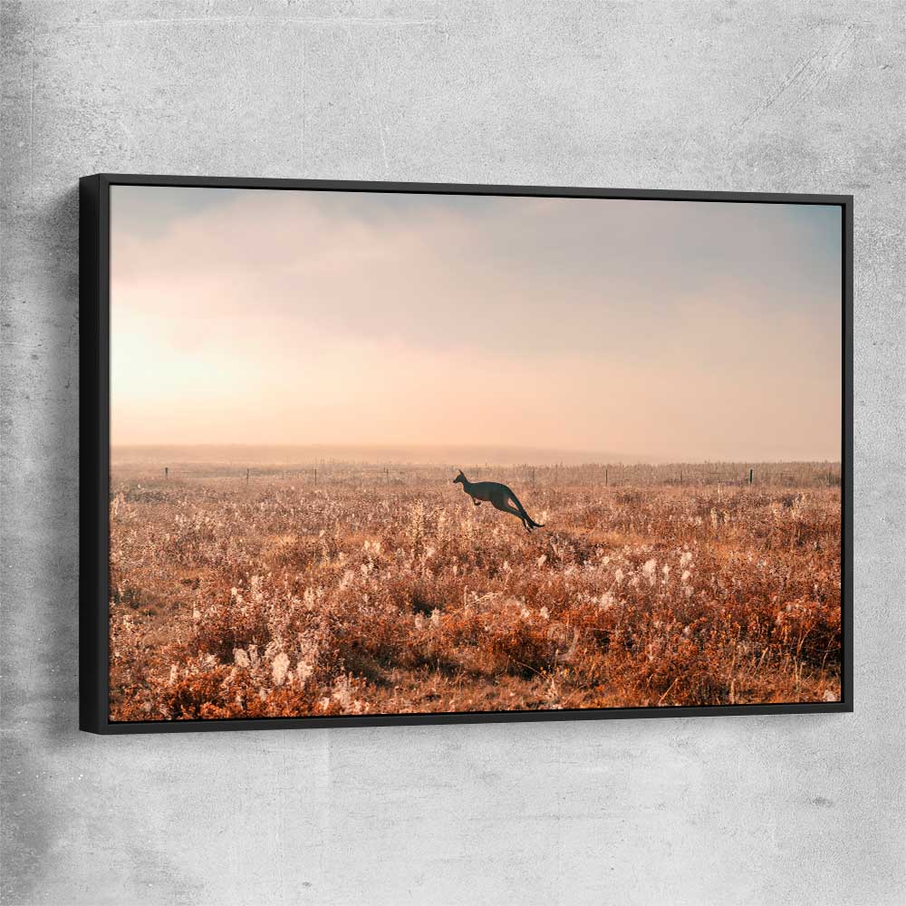 Animal wall art and canvas prints of Kangaroo Desert Horizon with black framed canvas