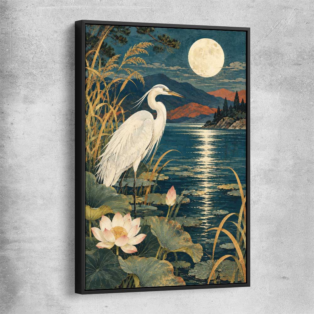 Animal wall art and canvas prints of Moonlit Heron with black framed canvas