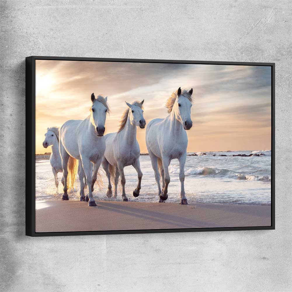 Animal wall art and canvas prints of Ocean Breeze Horses with black framed canvas