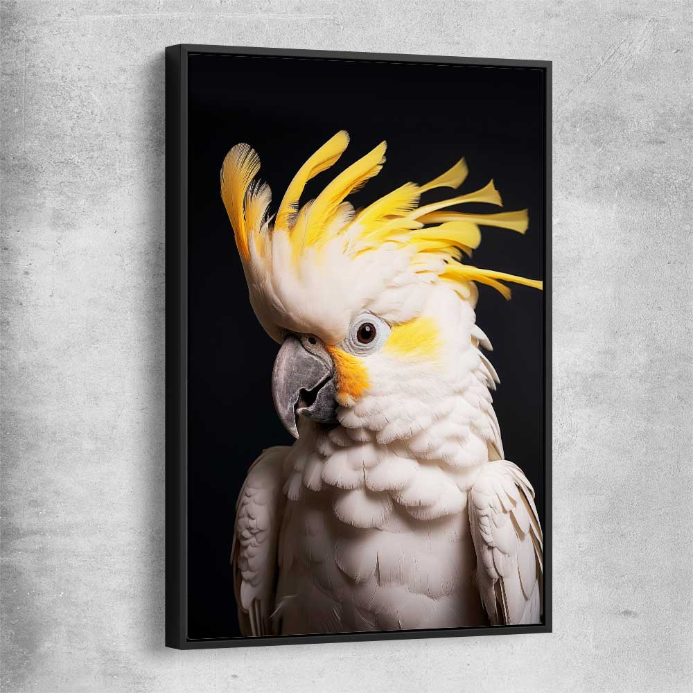 Animal wall art and canvas prints of Yellow Cockatoo Two with black framed canvas