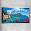 Beach and coastal wall art print of Amalfi Coast Escape with black framed canvas