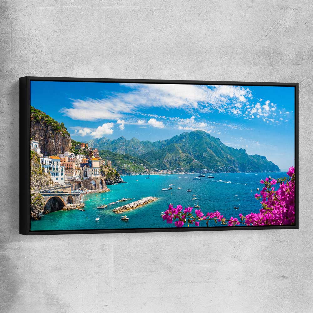 Beach and coastal wall art print of Amalfi Coast Escape with black framed canvas