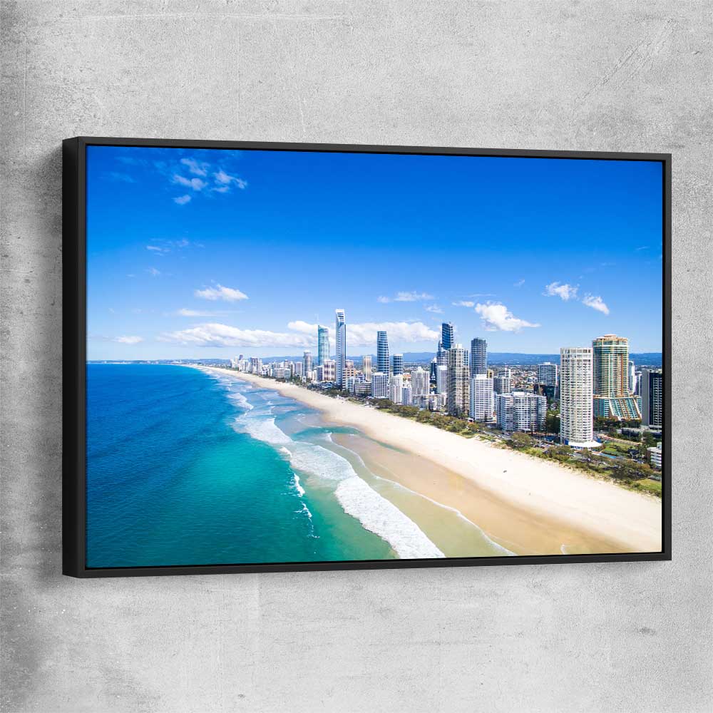 Beach and coastal wall art print of Coastal Skyline View with black framed canvas