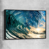 Beach and coastal wall art print of Golden Barrel Wave with black framed canvas