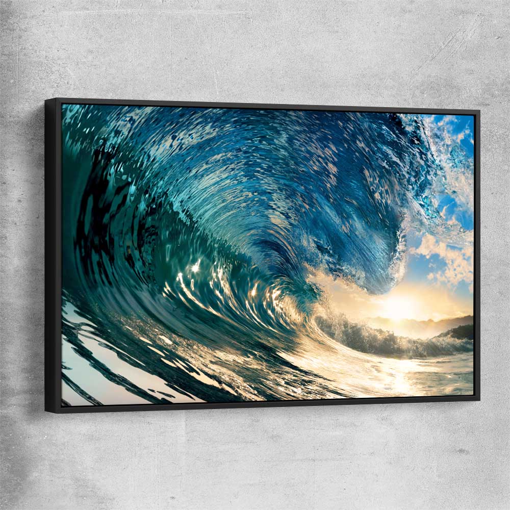Beach and coastal wall art print of Golden Barrel Wave with black framed canvas