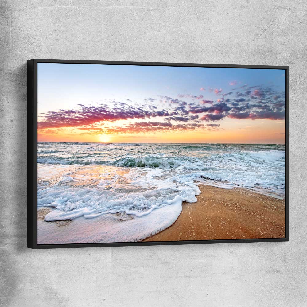 Beach and coastal wall art print of Pastel Ocean Horizon with black framed canvas