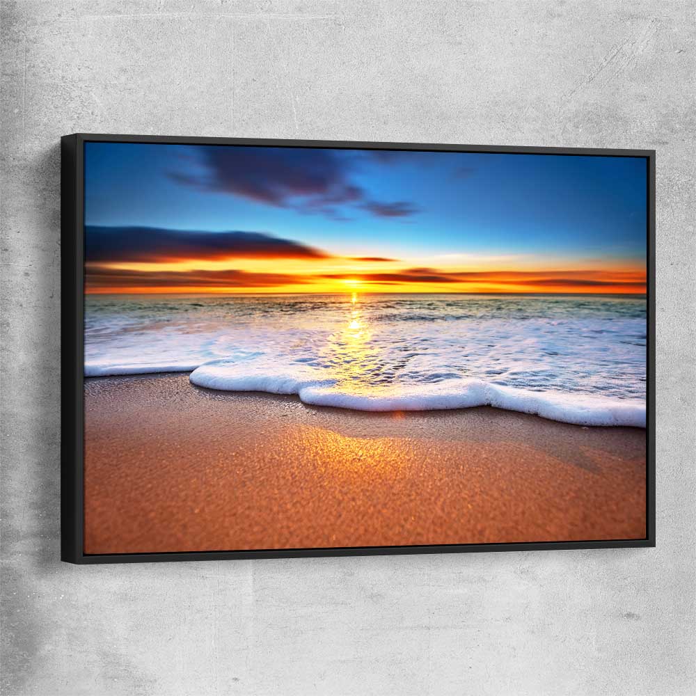 Beach and coastal wall art print of Radiant Ocean Sunset with black framed canvas